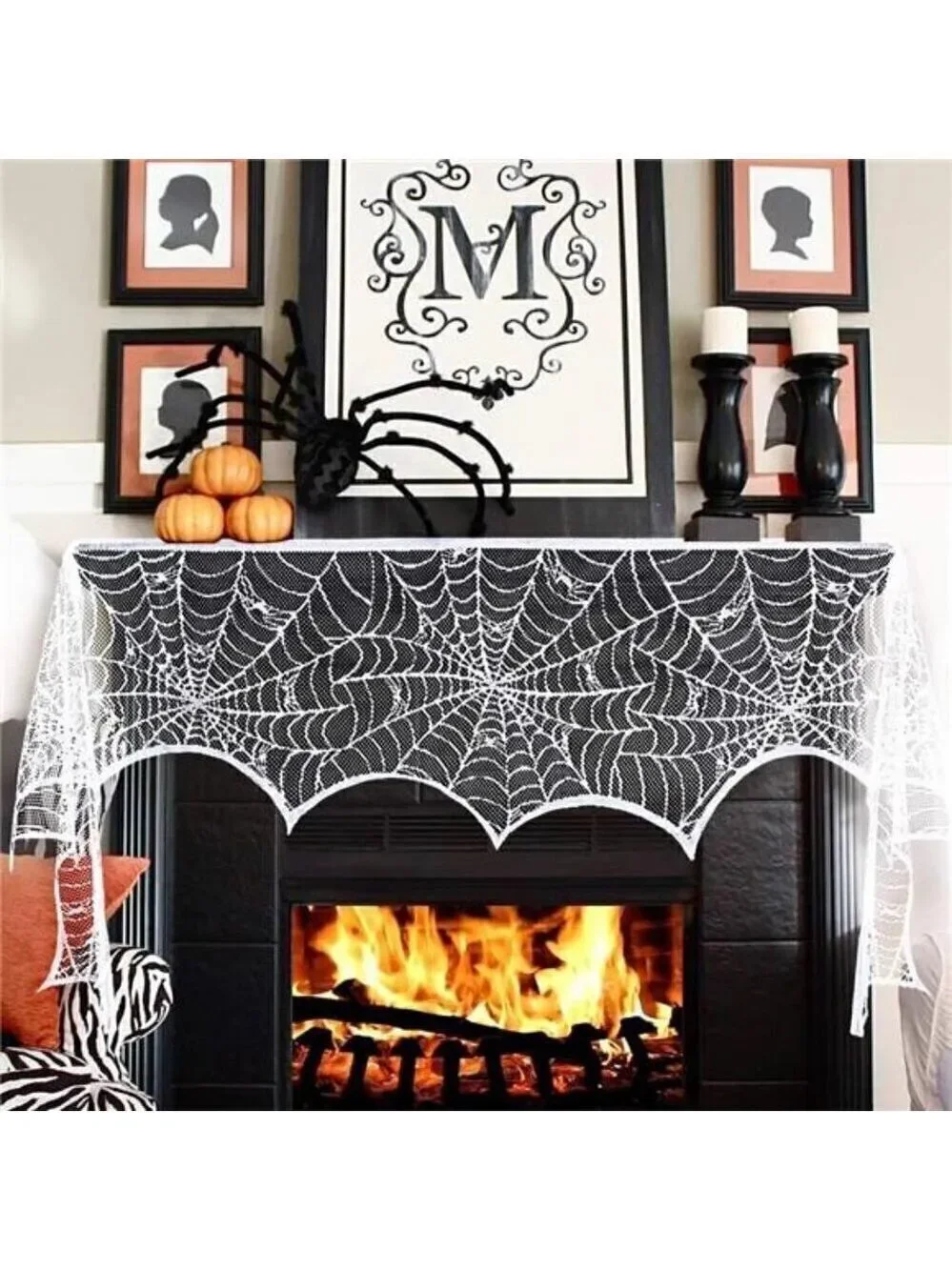 Halloween Decorations Indoor Fireplace Mantel Scarf, White Lace Spiderweb Fire